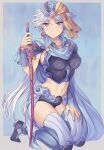  1girl absurdres arm_guards armband armor bangs blue_background blue_cape blue_thighhighs blush border breastplate breasts cape earrings final_fantasy final_fantasy_ii frioniel full_body genderswap genderswap_(mtf) grey_eyes grey_hair hair_ornament head_scarf highres holding holding_sword holding_weapon jewelry knee_pads kneeling looking_at_viewer low_ponytail lyric_(hina9111) medium_breasts midriff multicolored_clothes multicolored_headwear navel parted_bangs short_hair_with_long_locks shoulder_armor solo sweatdrop sword thighhighs waist_cape weapon 