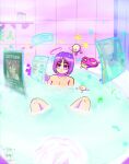  1girl absurdres bare_shoulders bath bathing bathtub breasts cleavage collarbone halo hat highres large_breasts light_purple_hair original partially_submerged pink_hair pixels science_fiction short_hair solo steam water white_eyes ximxam 