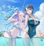  3girls artist_name bangs bikini black_ribbon blue_bikini blue_eyes blue_nails blue_sky blunt_bangs breasts cellphone cleavage closed_eyes cloud commentary_request cowboy_shot day earrings facing_away fingernails frilled_bikini frills green_one-piece_swimsuit hair_ribbon hand_up highres jewelry kotosuzu large_breasts long_hair looking_at_viewer multiple_girls nail_polish navel necklace one_eye_closed open_mouth original outdoors parted_bangs phone pink_bikini purple_hair ribbon sky small_breasts smartphone smartphone_case smile splashing swimsuit teeth upper_teeth very_long_hair water white_hair yellow_eyes 
