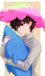  1boy absurdres black_eyes black_hair border closed_mouth expressionless grey_sweater higemu highres holding holding_stuffed_toy komi-san_wa_komyushou_desu komi_shousuke male_focus object_hug object_on_head shark short_hair solo spiked_hair stuffed_animal stuffed_shark stuffed_toy sweater turtleneck upper_body white_border 