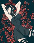  1girl armpits black_background black_dress black_hair breasts cleavage dress flower high_contrast looking_to_the_side lying moshimoshibe on_back open_mouth red_eyes rose solo spy_x_family thighhighs thighs yor_briar 