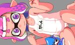  1girl 3: blush closed_mouth collarbone flat_chest grey_background hands_up inkling inkling_girl kneeling lowres name_tag old_school_swimsuit one-piece_swimsuit pink_hair pointy_ears purple_eyes school_swimsuit short_hair simple_background splatoon_(series) squid swimsuit tentacle_hair white_one-piece_swimsuit yugmlecpdduukox 