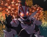  1boy aerial_fireworks armor black_bodysuit black_gloves blue_background bodysuit compound_eyes fireworks fox fox_mask gloves highres kamen_rider kamen_rider_geats kamen_rider_geats_(series) kitsune kurozawa_yui lightning magnum_boost male_focus mask night night_sky open_hands orange_background pose red_lightning scarf shoulder_armor sky tokusatsu two-tone_background upper_body white_armor white_scarf 