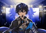  1boy arm_out_of_sleeve axia_krone bangs black_gloves black_hair black_jacket black_nails black_scarf blue_eyes commentary concert elbow_gloves gloves hand_on_own_chest highres holding holding_microphone jacket kino_(kino_cono) long_sleeves male_focus microphone music nijisanji scaffolding scarf screen singing solo sparkle stage_lights sweat symbol-only_commentary upper_body 