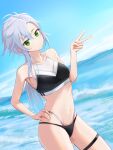  1girl absurdres asymmetrical_bangs bangs bare_shoulders bikini black_bikini breasts closed_mouth collarbone commission eiyuu_densetsu fie_claussell green_eyes grey_hair groin hair_between_eyes hand_on_own_chest hand_up highres horizon kuro_no_kiseki long_sleeves looking_at_viewer low_ponytail multi-strapped_bikini navel ocean outdoors pixiv_request sidelocks sjuno small_breasts solo swimsuit thigh_strap v water waves 