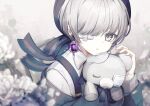  blurry blurry_foreground chair earrings eyepatch grey_background grey_eyes grey_hair highres jewelry mogmogyasai original piercing short_hair sitting stuffed_animal stuffed_toy suspenders teddy_bear upper_body 