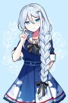  1girl belt black_bow black_bowtie blue_background blue_belt blue_dress blue_eyes blue_hair blush bow bowtie braid braided_ponytail closed_mouth dress hair_between_eyes hair_bow long_hair long_sleeves looking_at_viewer project_sekai sailor_collar sky_print smile solo striped striped_bow striped_bowtie sweat very_long_hair waka_(wk4444) white_bow white_sailor_collar yoisaki_kanade 