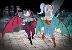  3d_(artwork) anthro bat_wings big_breasts big_butt big_sister breasts butt capcom cosplay darkstalkers digital_media_(artwork) duo elizabeth_(mrschllyay) felid feline female hi_res huge_breasts huge_butt hybrid lakie_(mrschllyay) lilith_aensland mammal membrane_(anatomy) membranous_wings mephitid morrigan_aensland mrschllyay sibling sister sisters size_difference skunk smile video_games wide_hips wings 