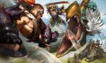  1girl 2boys armor axe bare_shoulders beard beast_hunter_draven beast_hunter_sejuani beast_hunter_tryndamere blurry blurry_background buzz_cut cliff cloud cloudy_sky creature draven facial_hair fighting fighting_stance fingerless_gloves gauntlets gloves grass helmet highres jumping league_of_legends leg_armor long_hair monster multiple_boys muscular muscular_male official_alternate_costume official_art open_mouth orange_hair outdoors ponytail rock sejuani short_hair shoulder_pads sky smile sword teeth tryndamere very_short_hair victor_maury weapon whip 