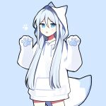  1girl animal_hood arms_up blue_background blue_eyes blue_hair blush commentary_request cowboy_shot drawstring fake_tail fox_hood fox_tail hood hood_up hoodie long_hair looking_at_viewer open_mouth oversized_clothes paw_pose paw_print paw_sleeves project_sekai simple_background solo tail very_long_hair waka_(wk4444) white_hoodie yoisaki_kanade 