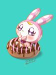  1girl absurdres animal_crossing animal_ears blonde_hair blue_background blush chrissy_(animal_crossing) doughnut eating food full_body highres kirakira_pancake looking_at_viewer loose_socks purple_eyes rabbit rabbit_ears rabbit_girl socks solo uniform 