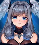  1girl bare_shoulders black_dress blue_eyes blush_stickers breasts cleavage detached_collar dress grey_hair head_wings jewelry long_hair melia_antiqua necklace o-ring sleeveless smile solo upper_body white_wings wings xenoblade_chronicles_(series) xenoblade_chronicles_3 yagi_(kyuhyun) 