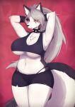  2022 anthro big_breasts black_nose bottomwear breasts canid canid_demon chest_tuft cleavage clothed clothing collar demon digital_media_(artwork) ear_piercing ear_ring female fur grey_hair hair hands_behind_head hellhound helluva_boss hi_res long_hair looking_at_viewer loona_(helluva_boss) mammal notched_ear piercing red_sclera ring_piercing shano_541 shirt shorts solo spiked_collar spikes topwear tuft under_boob white_body white_eyes white_fur 