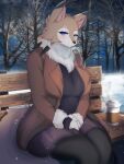  absurd_res anthro blue_eyes blush clothed clothing female fur generation_7_pokemon hi_res kyuukon looking_at_viewer lycanroc nintendo pokemon pokemon_(species) pokemorph sitting solo thick_thighs video_games winter 