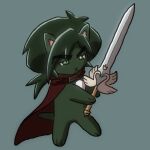  ambiguous_gender anthro bangs cape cel_shading clothing domestic_cat dreamscreep eyebrow_through_hair eyebrows fakir felid feline felis fur green_background green_body green_eyes green_fur green_hair hair handpaw hi_res hindpaw long_hair mammal melee_weapon paws ponytail prick_ears princess_tutu red_clothing shaded simple_background solo standing sword toony translucent translucent_hair weapon 