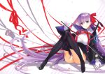  1girl absurdres bangs bb_(fate) bb_(fate/extra) boots bow bowtie breasts closed_mouth fate/grand_order fate_(series) full_body gloves hair_bow highres holding knees_up large_breasts long_hair long_sleeves looking_at_viewer panties pointer purple_eyes purple_hair scan shiny shiny_hair simple_background sitting skirt smile solo thigh_boots thighs underwear very_long_hair wada_arco white_gloves white_panties 