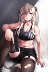  1girl abs ahoge animal_ears bangs breasts cleavage dog_tags ear_piercing grey_eyes grey_hair gun hair_between_eyes handgun highres holding holding_gun holding_weapon hololive large_breasts lion_ears lion_girl lion_tail long_hair looking_at_viewer messy_hair navel open_mouth piercing shishiro_botan sidelocks sitting skylock solo sports_bra tail torn_clothes torn_legwear trigger_discipline virtual_youtuber weapon 