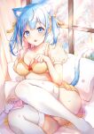  1girl :o absurdres animal_ear_fluff animal_ears ass bangs blue_eyes blue_hair blue_ribbon blurry blurry_background bra breasts cat_ears cat_girl cat_tail cherry_blossoms cleavage commentary_request curled_fingers curtains dot_nose extra fang feet_out_of_frame forehead frilled_skirt frills hair_ornament hair_ribbon highres indoors kaneko_memeta lingerie looking_at_viewer lying on_side open_mouth original panties pantyshot paw_pose pillow puffy_short_sleeves puffy_sleeves ribbon short_sleeves short_twintails skirt tail thighhighs thighs twintails underwear white_thighhighs window yellow_bra yellow_panties yellow_skirt 