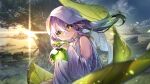  1girl absurdres bangs crystal_ball dress genshin_impact green_eyes hair_between_eyes highres holding landscape leaf light_rays looking_at_viewer multicolored_hair nahida_(genshin_impact) sky smile solo sunbeam sunlight symbol-shaped_pupils tree white_dress white_hair white_veil yu_hydra 