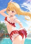  1girl absurdres ass bangs bare_shoulders bikini blonde_hair blurry blurry_background blush breasts chair cloud cowboy_shot equal_(heartstrings) frilled_bikini frills hair_ornament hair_ribbon heterochromia highres hip_vent hoshikawa_sara large_breasts long_hair looking_down nail_polish nijisanji open_mouth pool red_eyes ribbon side_ponytail skirt sky solo star_(symbol) star_hair_ornament sunlight swimsuit thigh_strap thighs tree underboob v very_long_hair virtual_youtuber yellow_eyes 