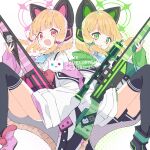  2girls :d animal_ear_headphones animal_ears battle_rifle black_footwear black_shorts black_skirt blonde_hair blue_archive blue_necktie boots bow cat_ear_headphones closed_mouth collared_shirt fake_animal_ears green_bow green_eyes gun h&amp;k_g3 hair_bow halo headphones highres holding holding_gun holding_weapon jacket long_sleeves looking_at_viewer midori_(blue_archive) momoi_(blue_archive) multiple_girls necktie off_shoulder open_clothes open_jacket open_mouth pink_footwear pleated_skirt red_bow red_eyes ribbon rifle school_uniform shirt short_hair short_shorts shorts siblings simple_background sisters skirt sleeves_past_wrists smile sniper_scope tail thighhighs thighhighs_under_boots thighs twins waguri-rate weapon white_background white_jacket white_shirt wide_sleeves 
