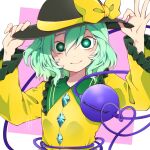  1girl bangs black_headwear blush bow buttons closed_mouth commentary_request diamond_button eyeball flat_chest frilled_shirt_collar frilled_sleeves frills green_eyes green_hair hands_on_headwear hat hat_bow heart heart-shaped_pupils komeiji_koishi kurutana long_sleeves medium_hair pink_background shirt smile solo symbol-shaped_pupils third_eye touhou two-tone_background upper_body white_background yellow_bow yellow_shirt 