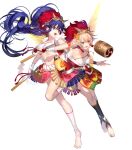  2girls bangs bare_shoulders barefoot blonde_hair blue_eyes blue_hair breasts cleavage collarbone drum dual_wielding fairy fairy_wings fire_emblem fire_emblem:_the_sacred_stones fire_emblem_heroes flower full_body fur_trim gradient gradient_hair hair_flower hair_ornament highres holding holding_weapon horned_mask instrument leg_up long_hair looking_away mashima_saki_(mashimasa) mask mask_on_head medium_breasts midriff multicolored_hair multiple_girls navel non-web_source off_shoulder official_art open_clothes open_mouth orange_hair pelvic_curtain peony_(fire_emblem) polearm ponytail purple_eyes rope sarashi sidelocks spear stomach tana_(fire_emblem) teeth toes transparent_background upper_teeth weapon wings 