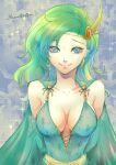 1girl aged_up blue_eyes breasts cape closed_mouth earrings final_fantasy final_fantasy_iv green_hair hair_ornament jewelry long_hair looking_at_viewer rydia_(ff4) sanagisatoru smile solo 