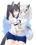  2girls animal_ear_fluff animal_ears arknights bangs black_hair blue_background blue_shorts breasts brown_eyes closed_mouth commentary_request eyebrows_hidden_by_hair fang fang_out grey_eyes grey_hair gym_shirt gym_shorts gym_uniform hair_between_eyes highres lappland_(arknights) multiple_girls ponytail scar scar_across_eye shirt short_shorts shorts small_breasts smile tail texas_(arknights) two-tone_background white_background white_shirt wl217_(nicexa111) 