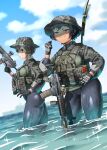  2girls absurdres black_hair black_wetsuit blue_eyes brown_eyes cloud day gloves gun hat highres kirochef looking_at_viewer multiple_girls original outdoors rifle skin_tight smirk south_korea standing tactical_clothes wading walking water weapon wet wet_clothes 