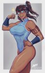  1girl :d aqua_eyes artist_name avatar_(series) bare_shoulders blue_leotard breasts brown_hair clenched_hand commentary dark-skinned_female dark_skin english_commentary grey_background hair_tubes hand_on_hip highres iahfy korra large_breasts leotard long_hair looking_at_viewer muscular muscular_female open_mouth ponytail simple_background smile solo sparkle tattoo the_legend_of_korra thighs 