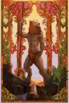  abstract_background anthro art_nouveau brown_body classical confident diorionarh forest fur hi_res leaf looking_at_another male mammal mythology nature plant renaissance sky solo tree ursid water 