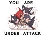  1boy 3girls ahri_(league_of_legends) animal_ears attack bangs bite_mark biting biting_arm black_gloves braid cheek_biting clenched_teeth english_text fingerless_gloves fox_ears fox_girl fox_tail fur_trim gloves grey_background heart highres korean_clothes league_of_legends multiple_girls pants red_hair sett_(league_of_legends) short_hair simple_background sweat tail teeth yabby 