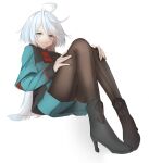  1girl absurdres ahoge bangs boots commentary frown grey_eyes gundam gundam_suisei_no_majo high_heel_boots high_heels highres long_hair long_sleeves looking_at_viewer miorine_rembran pantyhose pantyhose_under_shorts sitting solo white_background white_hair xie_yu 