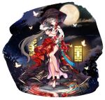  1girl absurdres alternate_costume breasts bug butterfly counter:side full_moon glowing_butterfly hat highres jaina_kropel knees large_breasts long_hair moon night night_sky official_alternate_costume official_art replacer_queen sky tachi-e traditional_clothes underboob 