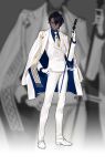  1boy :| alternate_costume alternate_eye_color arjuna_(fate) bangs blue_eyes blue_shirt cane closed_mouth collared_shirt commentary_request dark-skinned_male dark_skin expressionless fate/extella fate/extella_link fate/extra fate/grand_order fate_(series) formal full_body gloves gold_trim hand_on_hip holding holding_cane jacket jacket_on_shoulders long_sleeves looking_at_viewer male_focus necktie ongdal2 pants shirt short_hair solo striped striped_jacket striped_pants tie_clip twitter_username white_footwear white_gloves white_jacket white_necktie white_pants 
