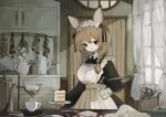  1girl animal_ears apron black_dress black_eyes brown_hair cake commentary_request cup curtains door dress flower food highres holding holding_food maid maid_apron maid_headdress original pitcher rabbit_ears rabbit_girl sakutake_(ue3sayu) solo spilling teacup teapot window 