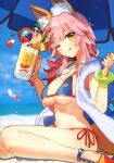  1girl absurdres animal_ear_fluff animal_ears bangs beach_umbrella bikini blue_sky blurry blurry_background blush bracelet brown_eyes day fate/extra fate/grand_order fate_(series) food fox_ears fox_girl fruit highres ice_cream jewelry looking_at_viewer navel necklace one_eye_closed outdoors pink_hair scan shiny shiny_hair sitting sky smile solo spoon stomach sundae swimsuit tamamo_(fate) tamamo_no_mae_(fate/extra) tamamo_no_mae_(swimsuit_lancer)_(fate) thighs tongue tongue_out umbrella wada_arco wariza 