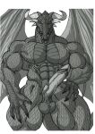  anthro big_penis claws dragon genitals hi_res horn humanoid male muscular muscular_male pecs penis scales simple_background solo sudonym thick_thighs trapezius white_background wings 