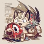  :3 animal_focus arm_up black_eyes brown_background cat character_name claws coin english_text fangs fish full_body gyarados happy keroreud looking_at_another magikarp mega_gyarados mega_pokemon meowth no_humans object_on_head open_mouth pawpads pokemon pokemon_(creature) red_eyes simple_background sitting smile 