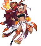  1girl abs arm_up armpits bangs bare_shoulders breasts clenched_teeth cozy dark-skinned_female dark_skin facial_mark fire_emblem fire_emblem_fates fire_emblem_heroes full_body fur_trim hair_ornament hand_fan highres holding horned_mask lantern leg_up looking_away mask mask_on_head medium_breasts muscular muscular_female navel non-web_source official_art paper_lantern parted_lips pelvic_curtain red_eyes rinkah_(fire_emblem) rope sarashi short_hair solo stomach strapless teeth thigh_strap thighs transparent_background white_hair 