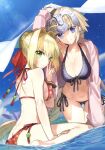  2girls absurdres ass bare_shoulders bikini blonde_hair blue_eyes bracelet braid breasts cleavage collarbone day fate/grand_order fate_(series) green_eyes hair_bun hand_up headpiece highres holding jacket jeanne_d&#039;arc_(fate) jewelry leaning_forward long_hair long_sleeves looking_at_viewer looking_back multiple_girls navel nero_claudius_(fate) open_clothes open_jacket outdoors partially_submerged polka_dot polka_dot_bikini scan simple_background single_braid sitting sky stomach sunlight swimsuit v wada_arco wariza water 