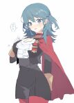  ... 1girl bangs blue_eyes blue_hair blush breasts byleth_(fire_emblem) byleth_(fire_emblem)_(female) cape cleavage cosplay edelgard_von_hresvelg edelgard_von_hresvelg_(cosplay) fire_emblem fire_emblem:_three_houses garreg_mach_monastery_uniform gloves hair_between_eyes hair_ribbon highres korean_commentary large_breasts long_hair long_sleeves meunhongcha pantyhose parted_lips purple_ribbon red_cape red_pantyhose ribbon simple_background solo spoken_ellipsis sweat two_side_up white_background white_gloves 