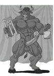  abs anthro big_penis bovid bovine bucket cattle container curtains furniture genitals hi_res holding_object hooves horn humanoid male mammal pecs penis smile solo stool sudonym tail_tuft tuft 