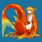  1girl black_sclera blue_background closed_mouth colored_sclera colored_skin completely_nude fingernails fins full_body head_fins highres holding_own_tail holding_tail long_hair looking_at_viewer mermaid monster_girl nude orange_eyes orange_hair orange_scales orange_skin original ruteko_(ruko220) scales sharp_fingernails simple_background smile solo tail tail_raised twitter_username very_long_hair webbed_hands white_skin yellow_eyes 