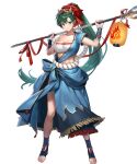  1girl bandages bandeau bangs blue_shirt blue_skirt breasts chest_sarashi cleavage cuboon fire_emblem fire_emblem:_the_blazing_blade fire_emblem_heroes full_body green_eyes green_hair hands_up highres holding holding_polearm holding_weapon japanese_clothes lantern large_breasts lips long_hair looking_at_viewer lyn_(fire_emblem) mask mask_on_head midriff navel non-web_source official_alternate_costume official_art paper_lantern polearm ponytail rope_belt sarashi shirt short_sleeves side_slit single-shoulder_shirt single_bare_shoulder single_sleeve skirt skirt_set smile solo spear standing stomach strapless transparent_background tube_top very_long_hair weapon 