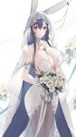  1girl animal_ears azur_lane bangs bare_shoulders blue_eyes blue_hair blush bouquet breasts bridal_veil choker cleavage closed_mouth dress earrings fake_animal_ears flower gloves highres holding holding_bouquet jewelry large_breasts legs_together long_hair looking_at_viewer new_jersey_(azur_lane) new_jersey_(snow-white_ceremony)_(azur_lane) official_alternate_costume rabbit_ears raitho revealing_clothes rose sidelocks smile solo standing veil very_long_hair wedding_dress white_choker white_dress white_flower white_gloves white_rose 