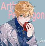  1boy ahoge alternate_costume apple arthur_pendragon_(fate) background_text bangs blonde_hair blue_background blue_shirt blush character_name chinese_commentary closed_mouth collared_shirt commentary_request fate/grand_order fate/prototype fate/prototype:_fragments_of_blue_and_silver fate_(series) food fruit gold_trim green_eyes grey_jacket hair_between_eyes highres holding holding_food holding_fruit jacket long_sleeves looking_at_viewer male_focus shiny shiny_hair shirt short_hair sialou signature simple_background smile solo striped striped_jacket striped_shirt upper_body 