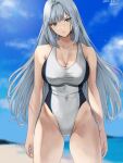  1girl beach black_one-piece_swimsuit blue_sky breasts chest_tattoo cleavage closed_mouth collarbone competition_swimsuit covered_navel cowboy_shot ethel_(xenoblade) grey_eyes grey_hair grey_one-piece_swimsuit head_tilt highleg highleg_swimsuit highres large_breasts long_hair ocean one-piece_swimsuit oyasu_(kinakoyamamori) sky solo swimsuit tattoo two-tone_swimsuit xenoblade_chronicles_(series) xenoblade_chronicles_3 
