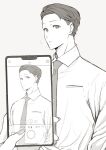  1boy 1girl absurdres aetemirutadano forehead formal greyscale highres idolmaster idolmaster_shiny_colors lapels looking_at_viewer male_focus monochrome nail necktie notice_lines phone_screen producer_(idolmaster) solo_focus taking_picture upper_body viewfinder 